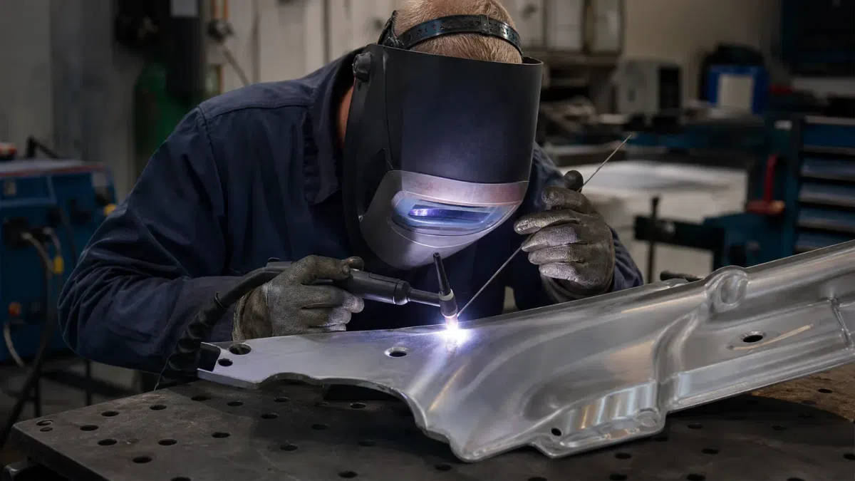 Spawanie aluminiowego elementu w warsztacie metalowym